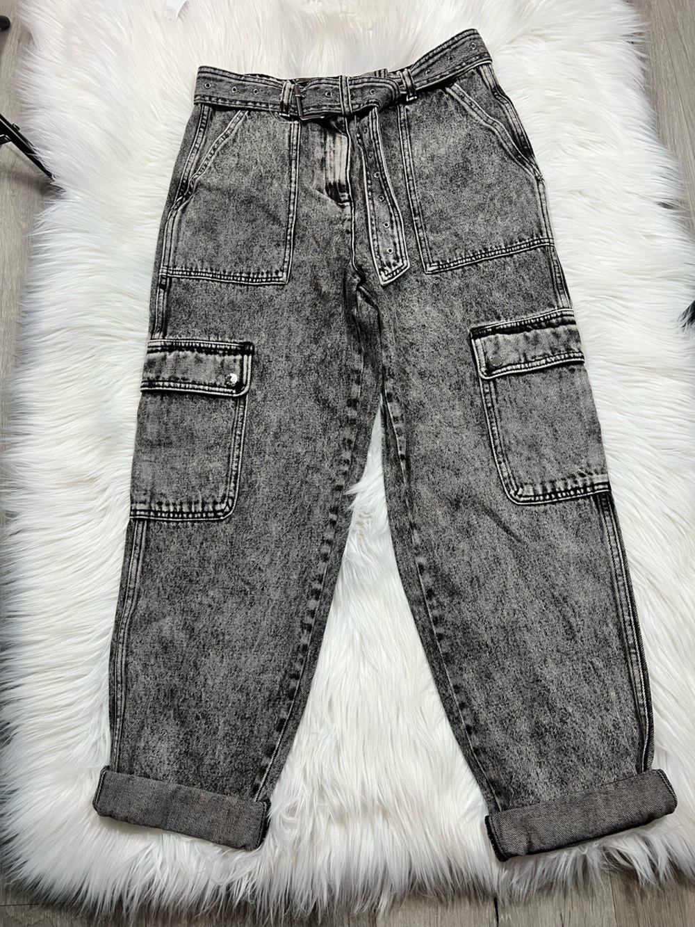 Michael Kors Black and White Acid-Wash Belted Jeans